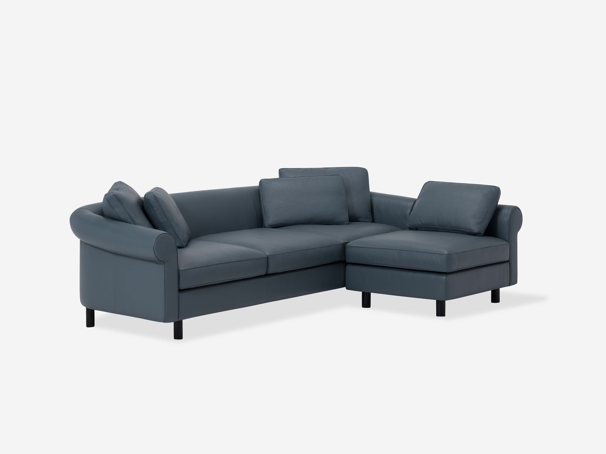 Angle view of blue leather right hand facing sectional sofa